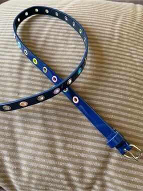 90s Vintage Rainbow Belt Grommet Detail Navy Patent SIZE 29”L by .75”W